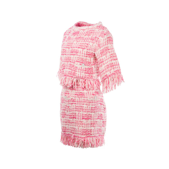 Chanel 24P Pink White Knit Frayed Tweed CC Logo Short Sleeve Pullover Top 38 - Picture 3 of 16